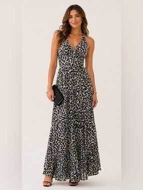 Laundry by Shelli Segal Leopard Print Halter Maxi Dress Black White Pleated Sz 2